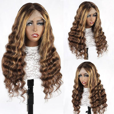 Allove Highlight Ombre Hair Loose Deep Wave 13*4 Lace Front Human Hair Wigs