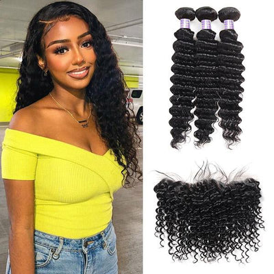 Brazilian Deep Wave 3 Bundles with 13*4 Lace Frontal Virgin Human Hair : ALLOVEHAIR