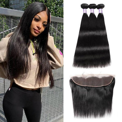 Brazilian Straight Hair 3 Bundles with 13*4 Lace Frontal Virgin Human Hair : ALLOVEHAIR