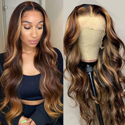 Honey Blonde Ombre Hair P4/27 Body Wave 4*4 Lace Closure Human Hair Wigs