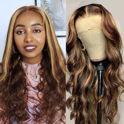 Honey Blonde Ombre Hair P4/27 4*4 Lace Closure Wig Body Wave Human Hair Wigs