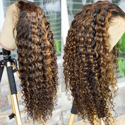 Honey Blonde Ombre Hair P4/27 Deep Wave 4*4 Lace Closure Human Hair Wigs