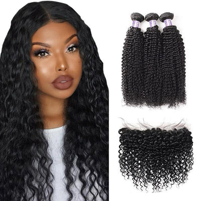 Brazilian Curly Wave 3 Bundles with 13*4 Lace Frontal Closure Human Hair : ALLOVEHAIR